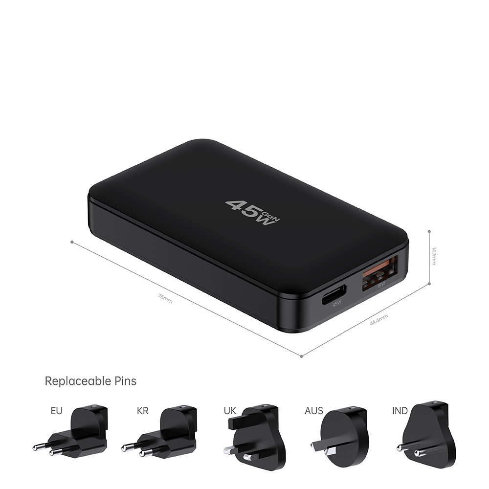 45W 2C1A Interchangeable Plug Thin USB C Slim IPhone Android Charger