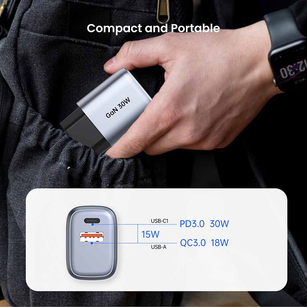 30W pd charger 30W 1C1A Dual Port PD GaN PPS Cell Phone Cport Charger for iPhone Samsung