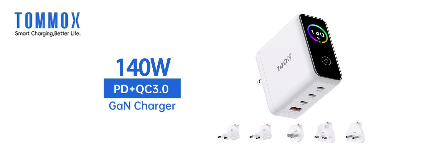 140W GaN LED Display Replaceable US UK EU KR Plug GaN USB Fast Charger Factory