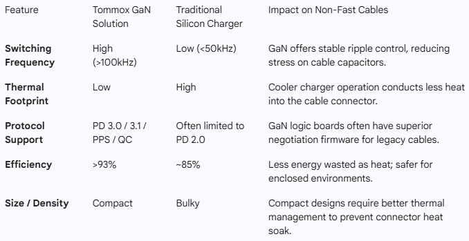 Technical comparison table showing switching frequency and efficiency of PPS charger solutions vs traditional silicon chargers.