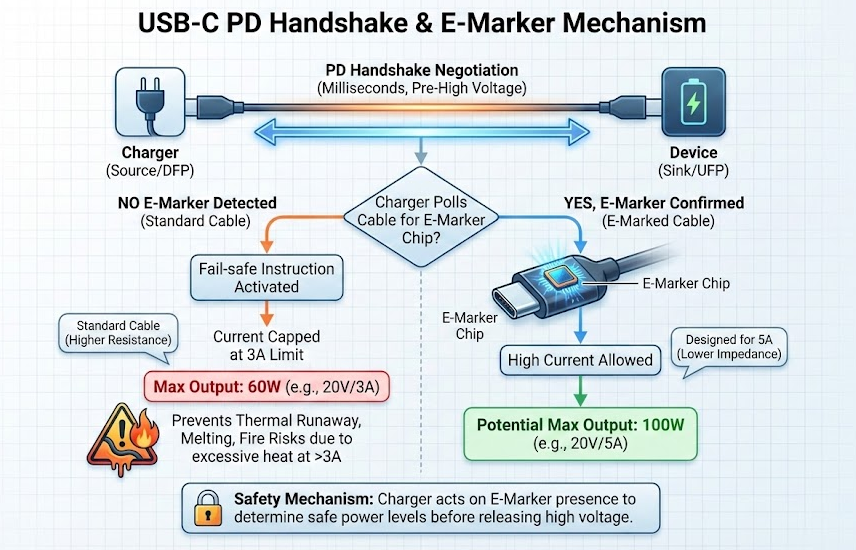 Schematic diagram explaining the USB-C PD handshake and E-Marker chip detection for safe high-power charging
