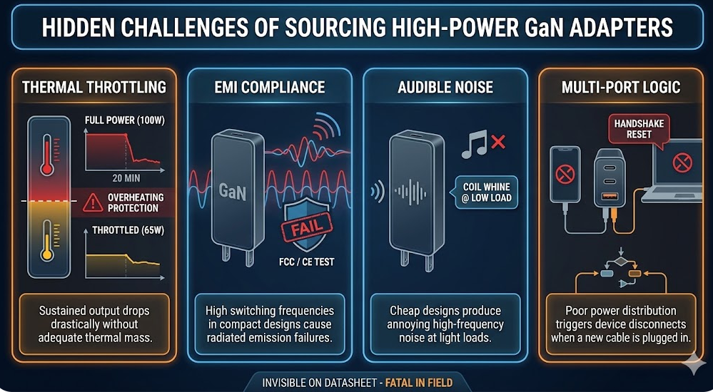 Sourcing risks for high-power GaN adapters: thermal throttling in 140W chargers, EMI failures, audible noise, and port logic issues.