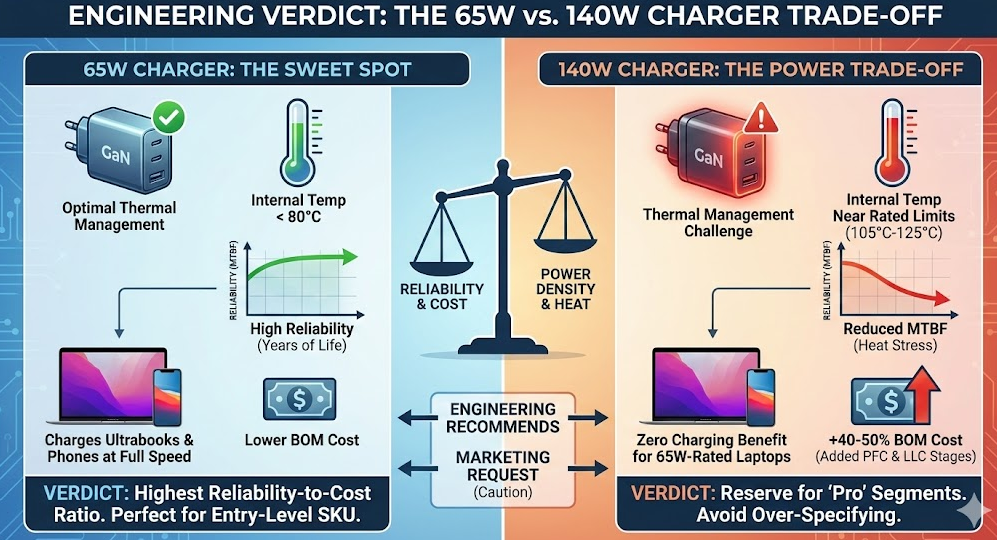 Engineering trade-off chart comparing reliability and thermal costs between an optimal 65 watt charger and a high-heat 140W charger.