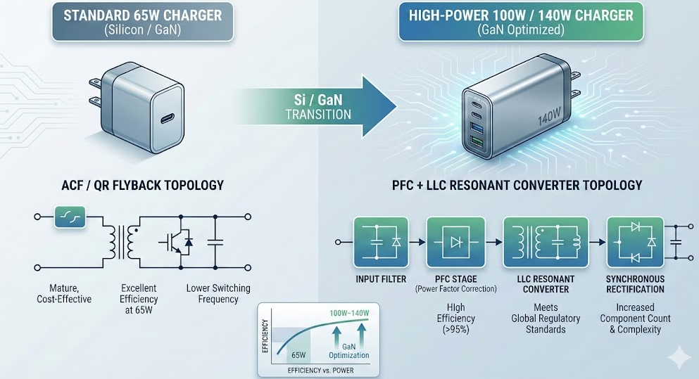 Topology comparison showing ACF circuits in a standard 65 watt charger vs PFC and LLC resonant converters in a GaN 140W charger.