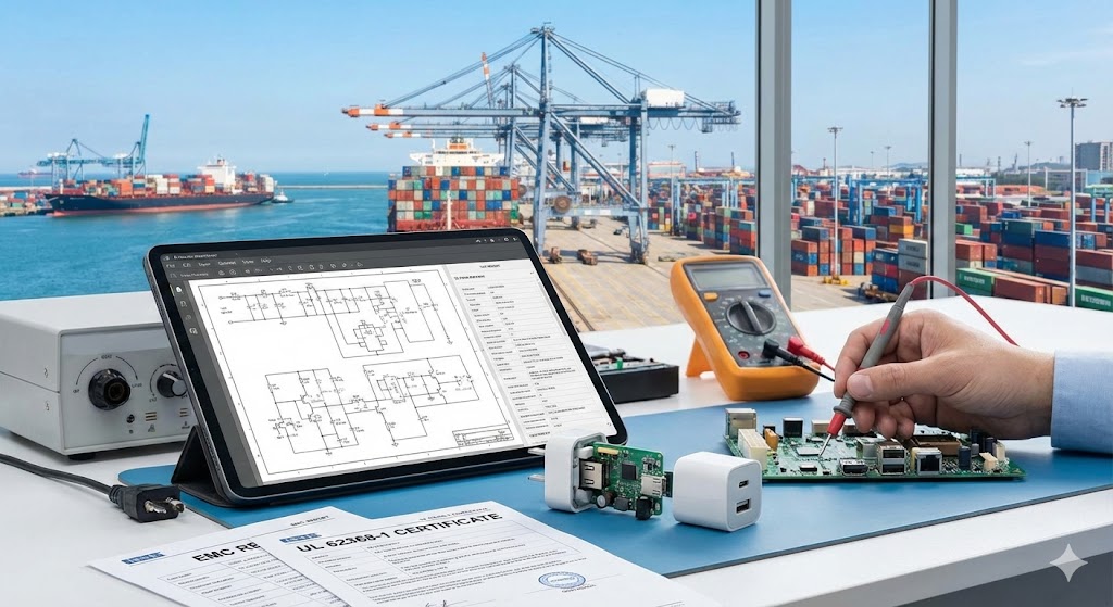 QC engineer testing usb wall charger circuits with multimeter and UL safety certificate against a container port background.