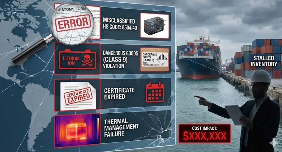Customs clearance risks for usb wall charger imports including HS code errors, lithium battery violations, and expired certs.
