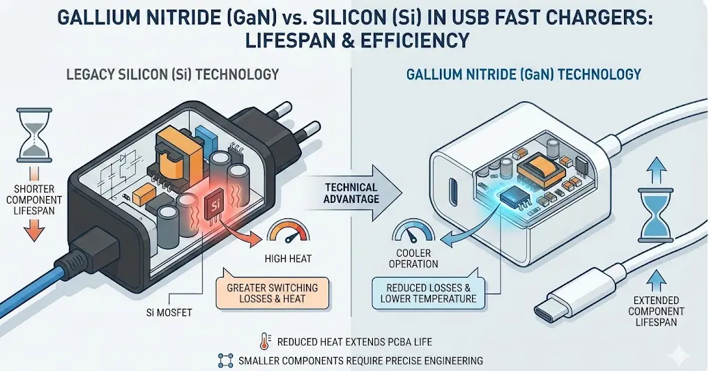 USB fast charger reliability vs size comparison showing power density and thermal headroom for extended lifespan