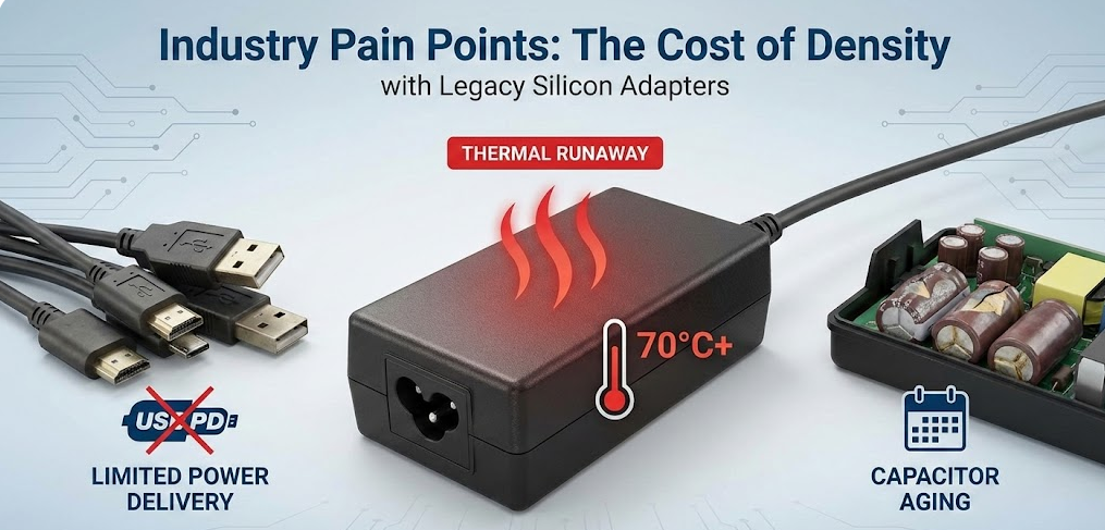 Legacy silicon USB PD charger with thermal runaway and limited power delivery issues.