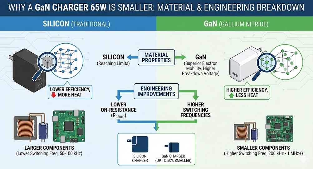Comparison of GaN vs Silicon USB PD charger material and engineering breakdown.