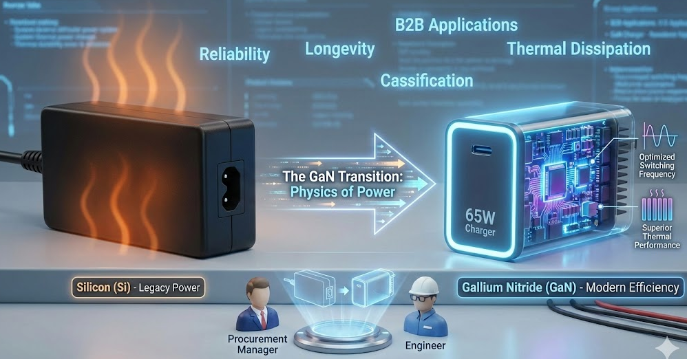 GaN vs Silicon USB PD charger efficiency transition for B2B applications.