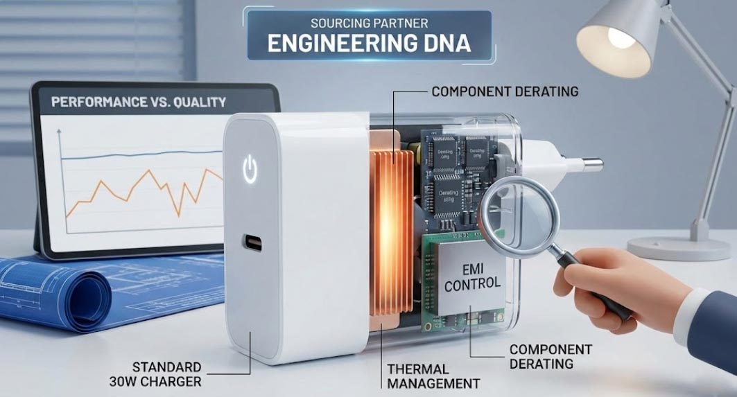 Engineering design of a 30 watt charger with thermal management and EMI control for B2B sourcing.
