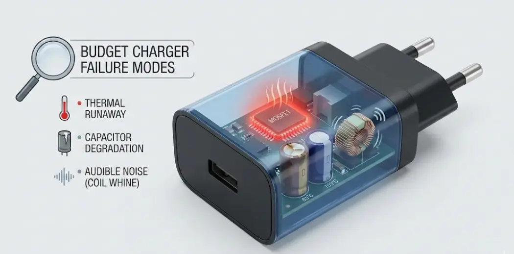 Common failure modes of budget power adapters including thermal runaway and capacitor degradation.