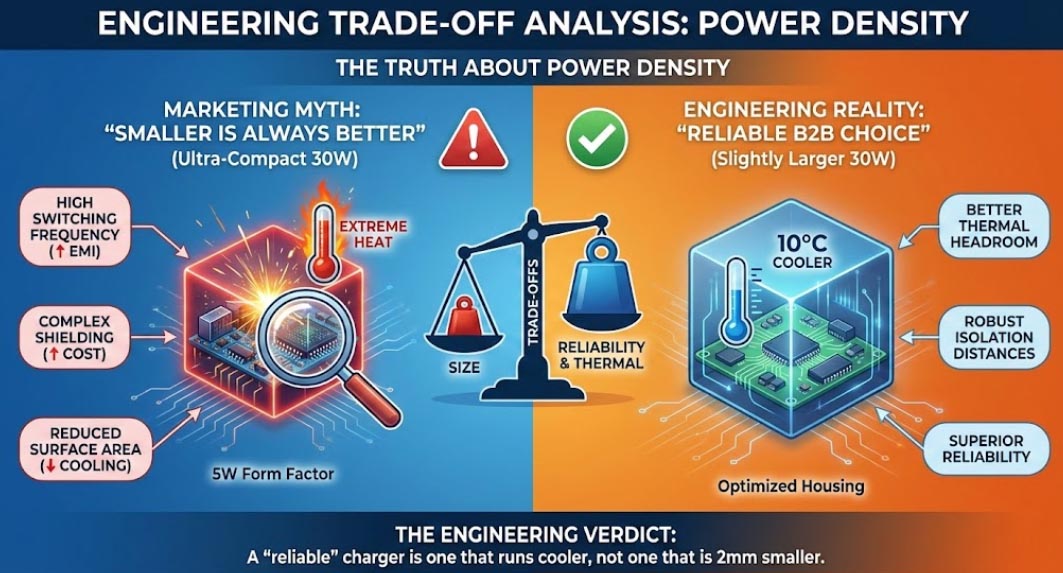 30 watt charger engineering trade-off analysis comparing size vs reliability and thermal headroom.