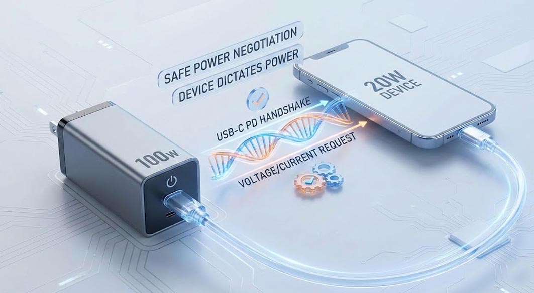 USB-C PD handshake process between 100W GaN charger and 20W device for safe power negotiation.