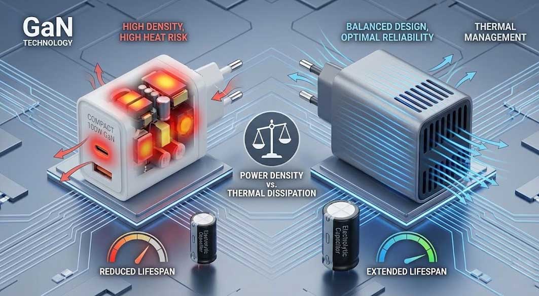 Comparison of power density and thermal management in a 140W GaN charger for extended lifespan.