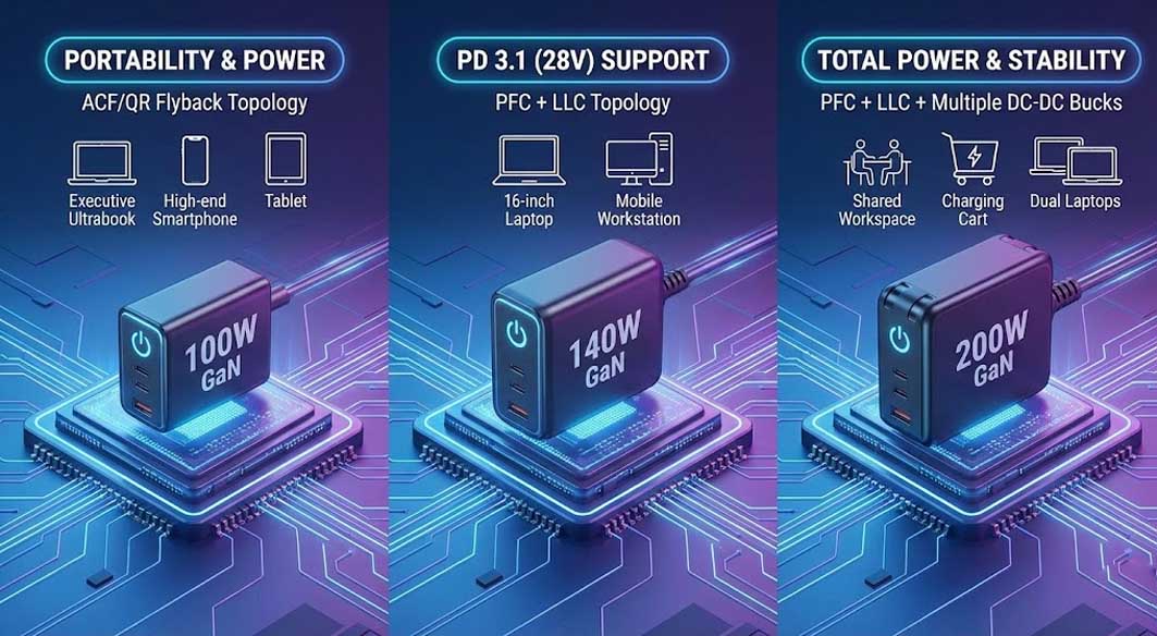 Evolution of power delivery featuring 140W GaN charger and 200W USB C charger with PD 3.1 support.