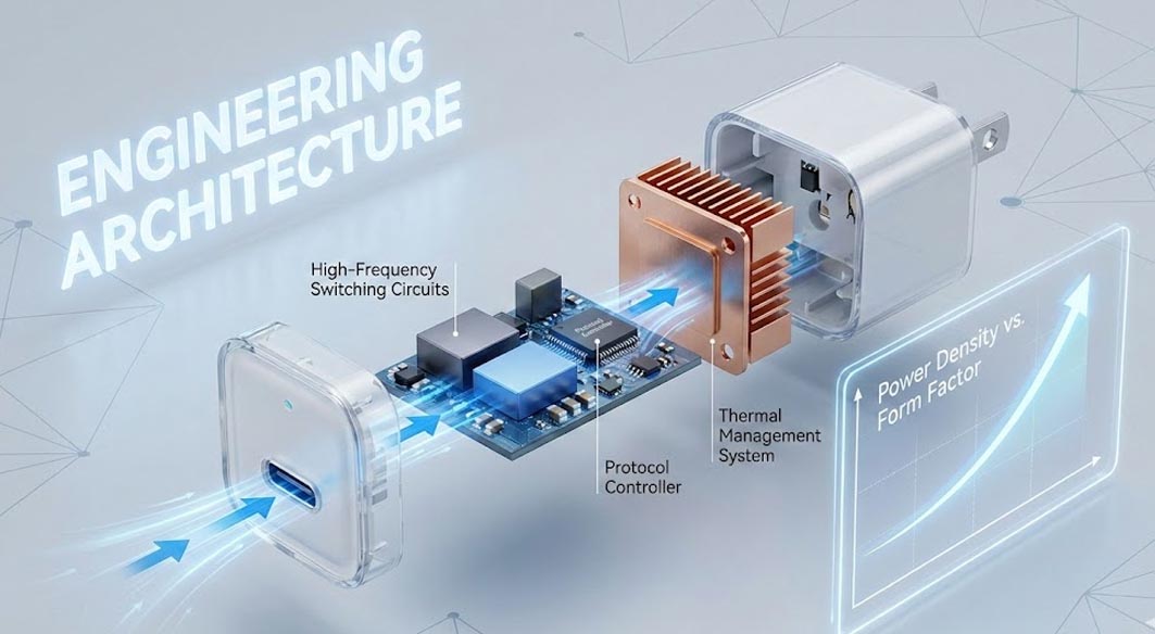 Engineering architecture of a Type C wall charger showing internal PCB and thermal management system.
