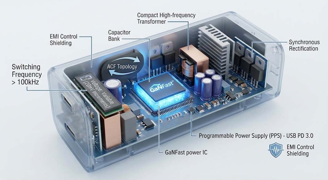 Internal components of a GaNFast Type C wall charger featuring ACF topology and USB PD 3.0 PPS support.