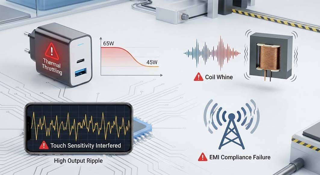 Common issues of low-quality chargers including thermal throttling, coil whine, and high output ripple.