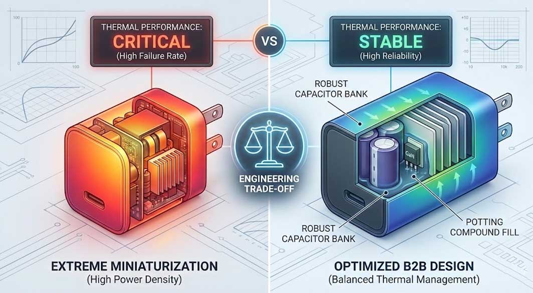 Engineering trade-off between extreme miniaturization and optimized B2B design for stable Type C wall charger.
