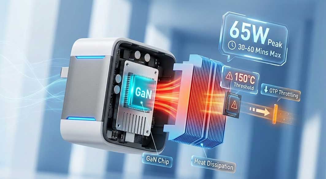 Inside 65W GaN charger showing heat dissipation fins and 150°C OTP throttling safety mechanism.