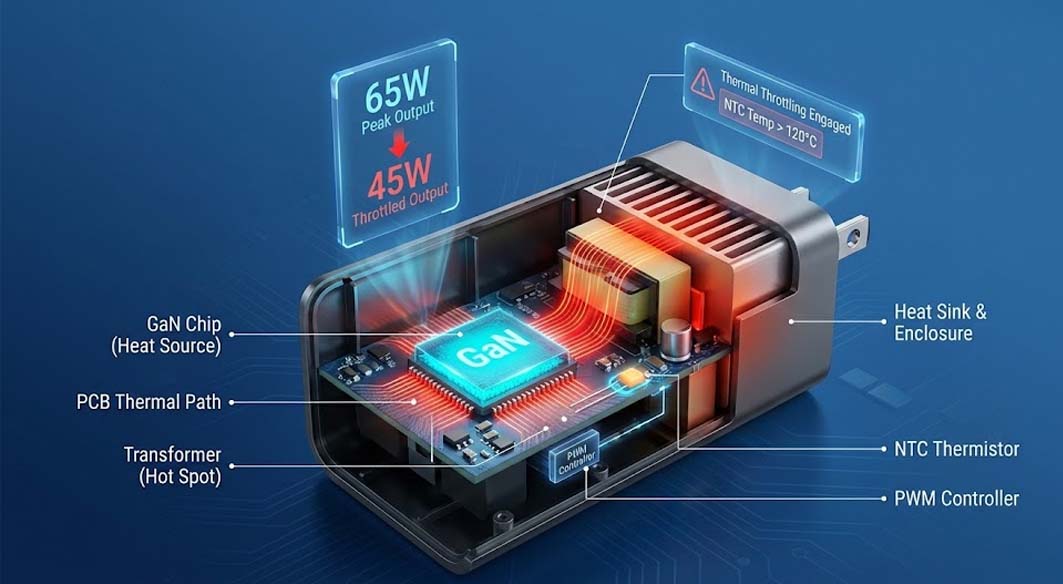 Internal components of a 65W GaN charger with NTC thermistor and thermal throttling from 65W to 45W.