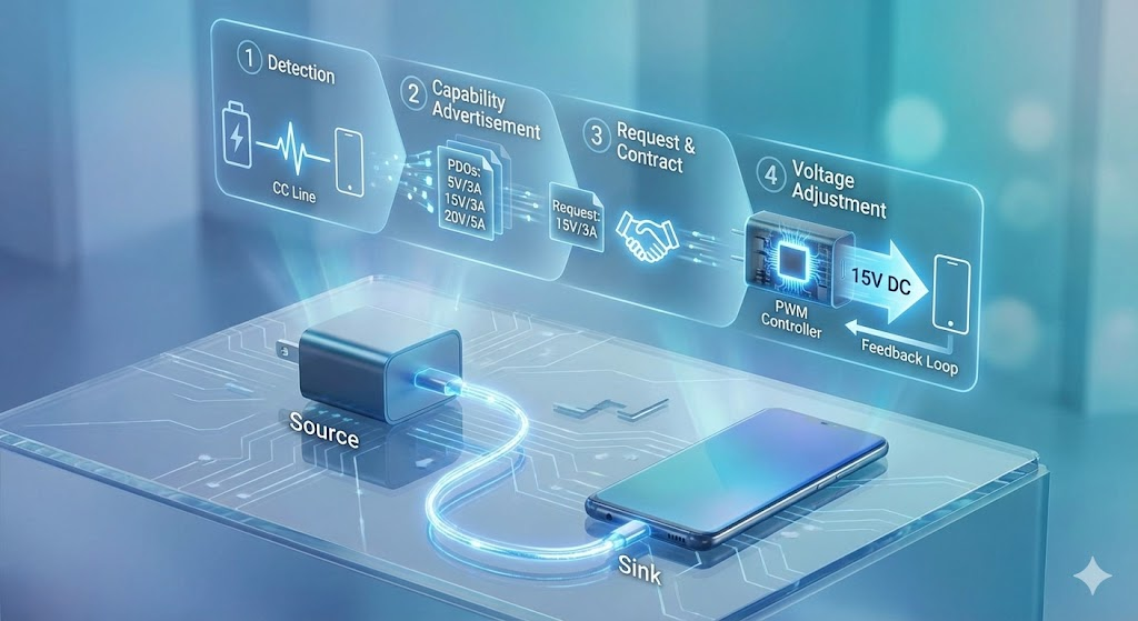 Diagram of USB-PD fast charge handshake process between source charger and sink smartphone.
