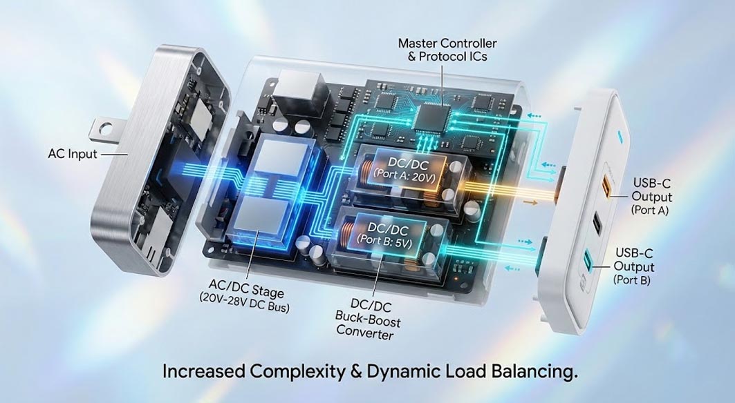 Internal circuit of multi port usb charger showing dynamic load balancing and master controller IC.