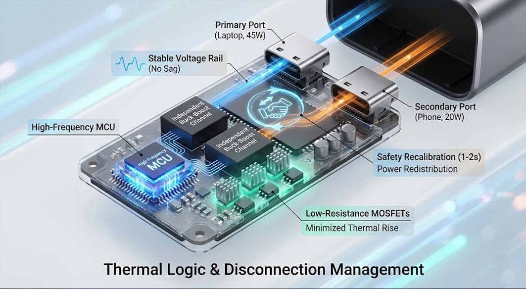 PCB layout of multi port usb charger featuring thermal logic and smart power redistribution.