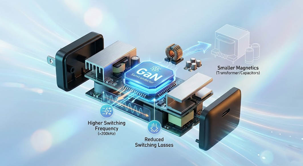 GaN fast charge technology diagram showing gallium nitride semiconductor for high switching frequency.