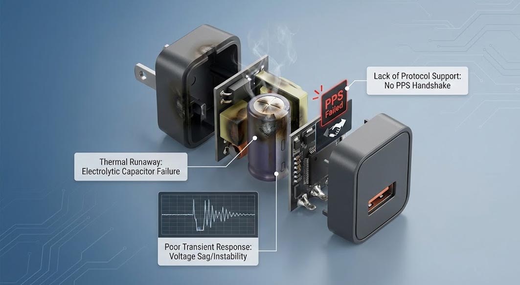 GaN fast charge failure analysis showing thermal runaway and PPS protocol handshake issues.