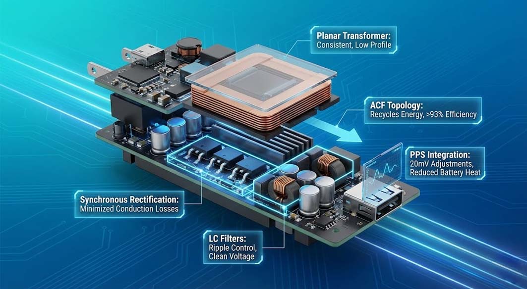 Advanced GaN fast charge circuit with planar transformer and ACF topology for 93% efficiency.