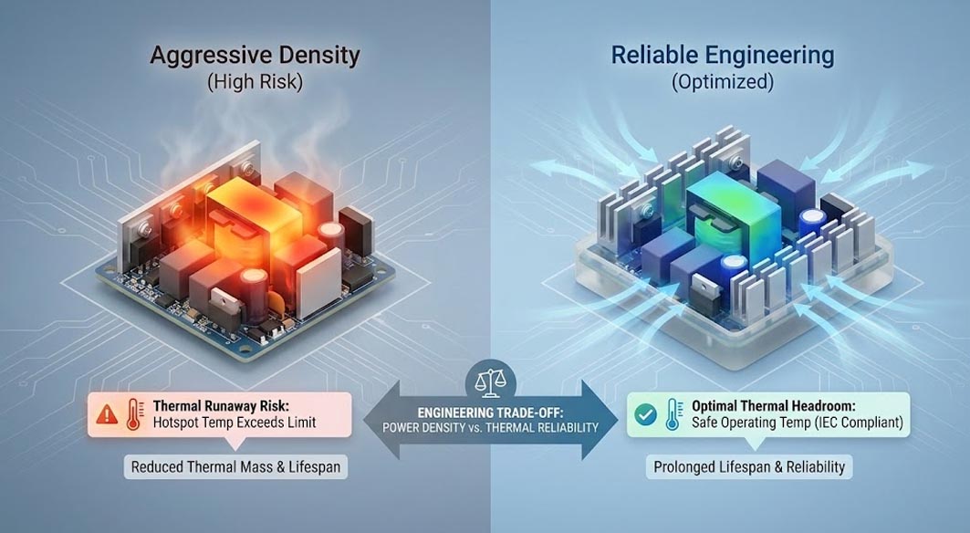 GaN fast charge engineering trade-off comparing power density vs thermal reliability and lifespan.