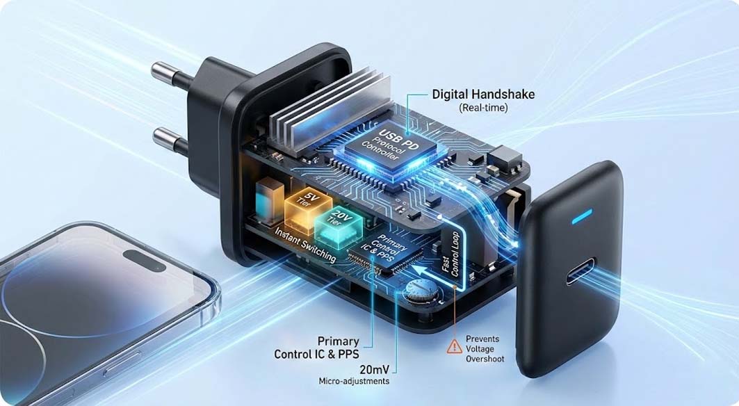 Internal circuitry of a high-speed Type C phone charger with USB PD protocol controller and PPS technology.