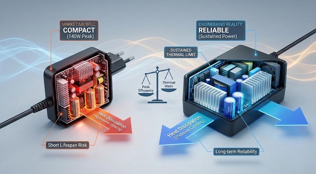 Comparison between compact 140W peak and reliable sustained power Type C phone charger designs and cooling.