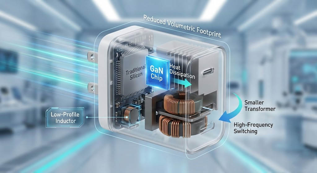 Internal structure of a GaN Fast Charger showing GaN chip, smaller transformer, and reduced volumetric footprint.