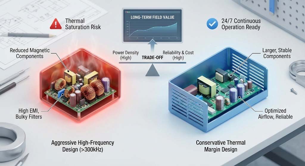 Trade-off comparison between aggressive high-frequency design and reliable GaN fast charger thermal margin design.