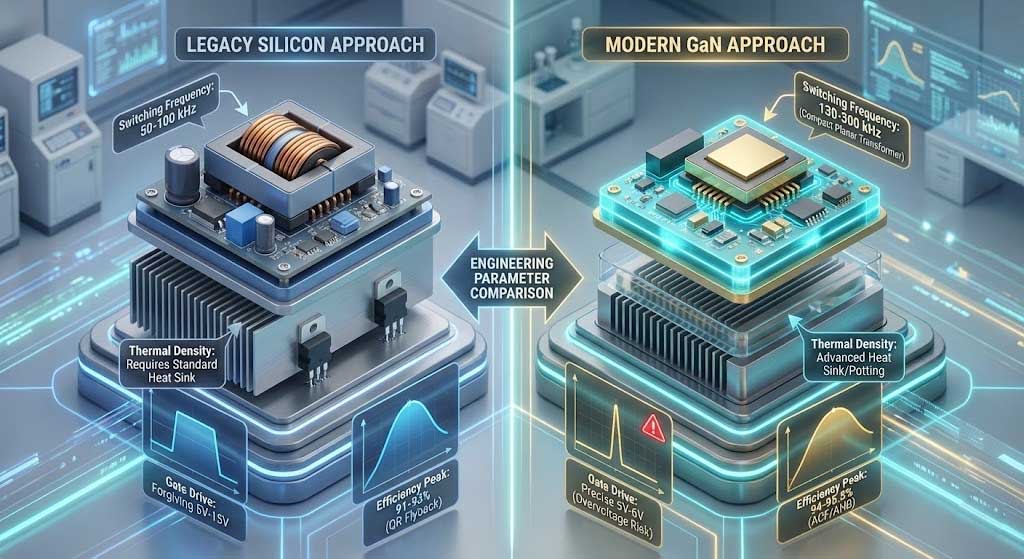 Systematic thermal architecture of a GaN fast charger featuring custom thermal potting and optimized gate drive layout.