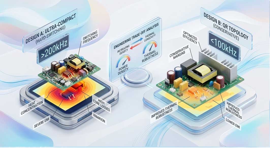 A comparative 3D render illustrating engineering trade-offs between power density and thermal robustness to optimize cell phone charger supplier selections.