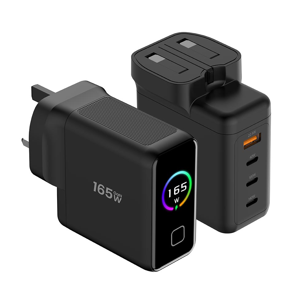 165W PD3.1 TFT Foldable UK EU Plug GaN Display Charger with Real-Time Power