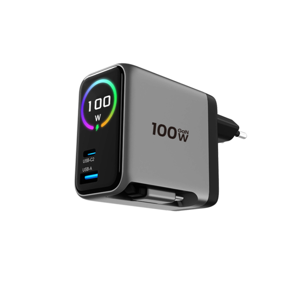 100W Wall Charger Plug with Retractable Cable and TFT Display, Fast Charging USB Charger with CE RoHS