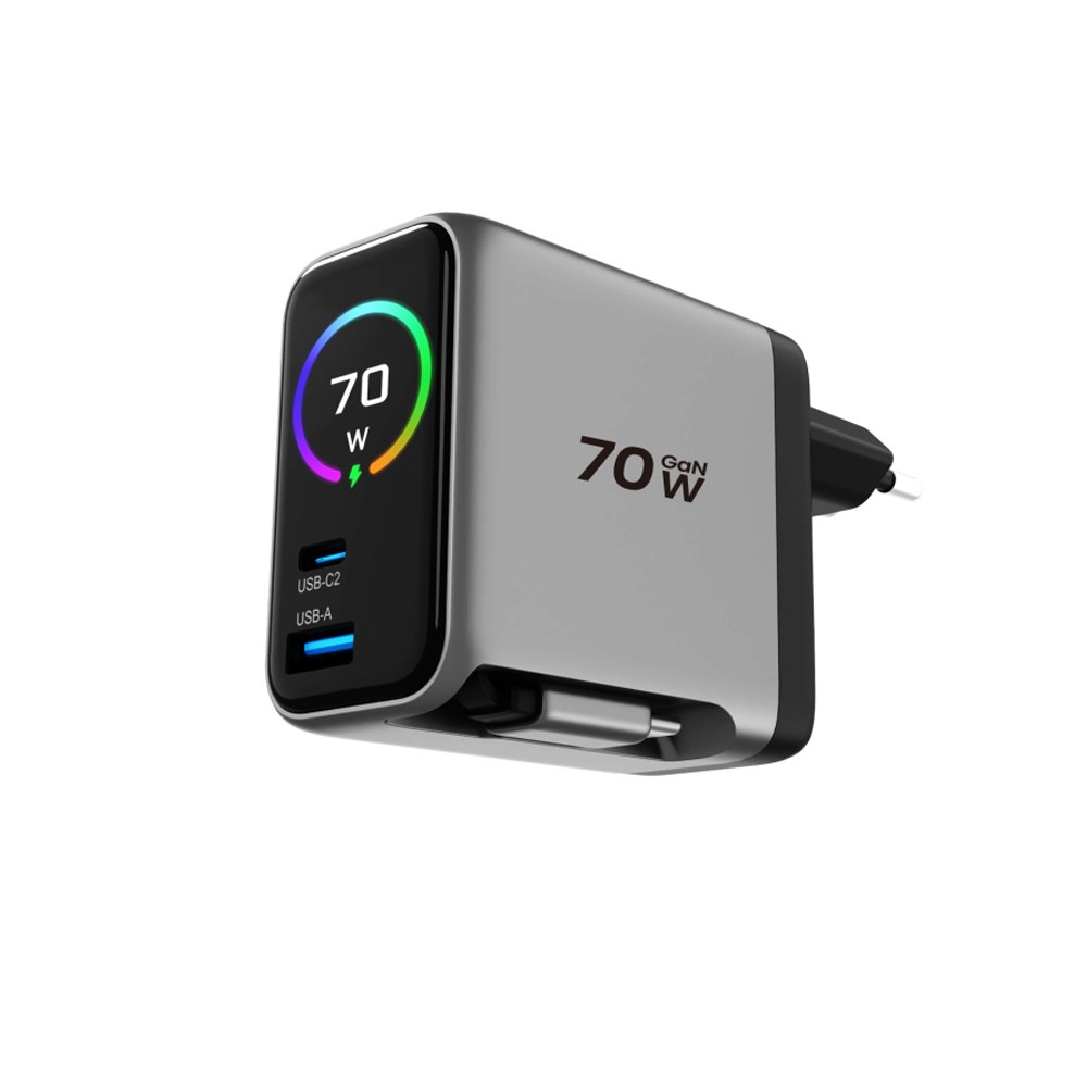 70W TFT Display Retractable Cable Fast USB Wall Charger Plug with CE RoHs